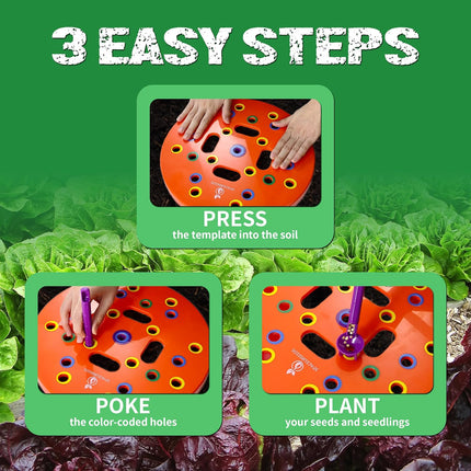 Round Seed Planting Template by  – Patented Color-Coded Garden Spacing Tool Kit with Seed & Seedling Spacer, Dibber with Seed Spoon & Laminated Vegetable Growing Guide.