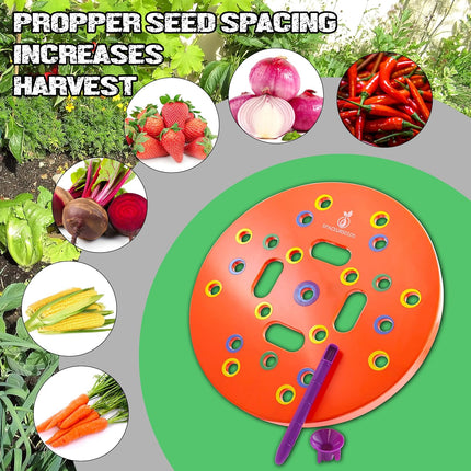 Round Seed Planting Template by  – Patented Color-Coded Garden Spacing Tool Kit with Seed & Seedling Spacer, Dibber with Seed Spoon & Laminated Vegetable Growing Guide.