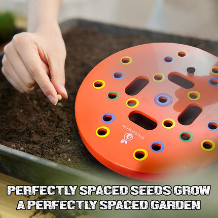 Round Seed Planting Template by  – Patented Color-Coded Garden Spacing Tool Kit with Seed & Seedling Spacer, Dibber with Seed Spoon & Laminated Vegetable Growing Guide.