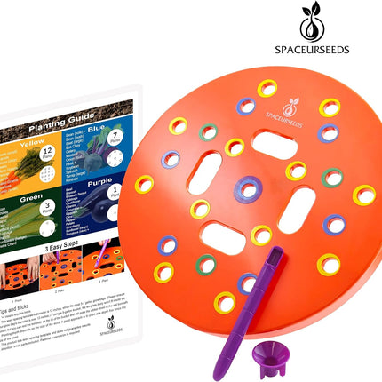 Round Seed Planting Template by  – Patented Color-Coded Garden Spacing Tool Kit with Seed & Seedling Spacer, Dibber with Seed Spoon & Laminated Vegetable Growing Guide.