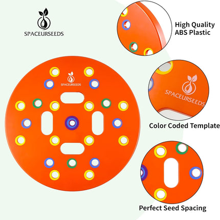 Round Seed Planting Template by  – Patented Color-Coded Garden Spacing Tool Kit with Seed & Seedling Spacer, Dibber with Seed Spoon & Laminated Vegetable Growing Guide.