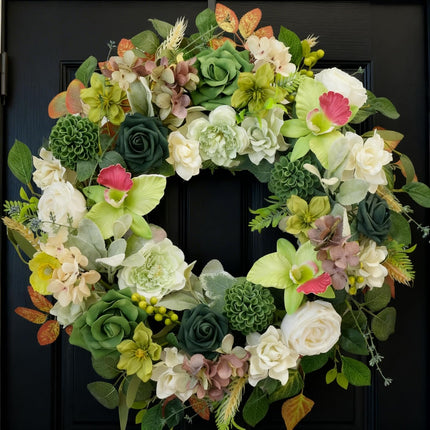 22 Inch Green Orchid Spring Everyday Wreath for Front Door, Indoor Outdoor, Rustic Farmhouse Style, Artificial Flowers and Foliage.