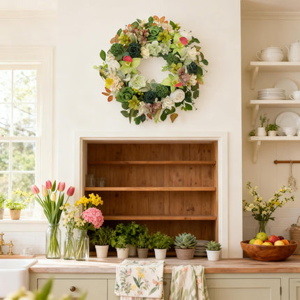 22 Inch Green Orchid Spring Everyday Wreath for Front Door, Indoor Outdoor, Rustic Farmhouse Style, Artificial Flowers and Foliage.