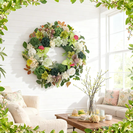 22 Inch Green Orchid Spring Everyday Wreath for Front Door, Indoor Outdoor, Rustic Farmhouse Style, Artificial Flowers and Foliage.