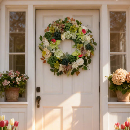 22 Inch Green Orchid Spring Everyday Wreath for Front Door, Indoor Outdoor, Rustic Farmhouse Style, Artificial Flowers and Foliage.