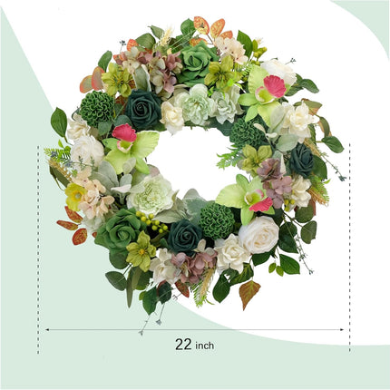 22 Inch Green Orchid Spring Everyday Wreath for Front Door, Indoor Outdoor, Rustic Farmhouse Style, Artificial Flowers and Foliage.