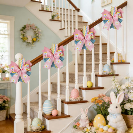 4 PCS 10 Inch Easter Bow for Wreath, Pink Yellow Blue Spring Bows for Wreaths, Basket, Cabinet, Festive Easter Decoration Indoor Outdoor.
