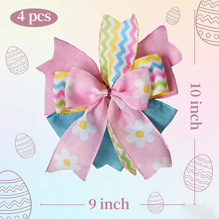 4 PCS 10 Inch Easter Bow for Wreath, Pink Yellow Blue Spring Bows for Wreaths, Basket, Cabinet, Festive Easter Decoration Indoor Outdoor.