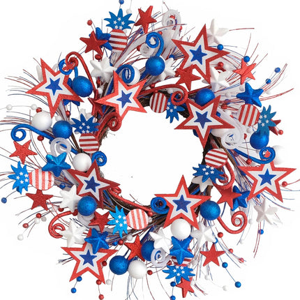 22 Inch Patriotic Glitter Stars Pineapple Wreath for Front Door, Memorial Day, Independence Day & 4th of July.