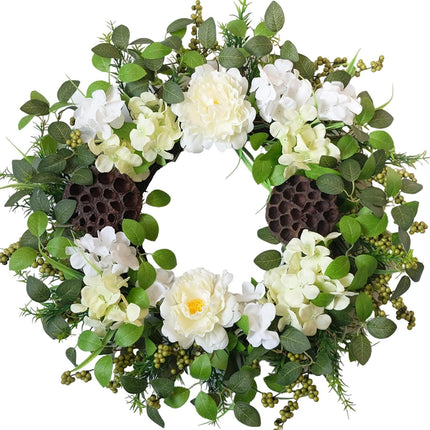 24 Inch Spring Hydrangea Flower Wreath for Front Door, Spring Summer Penoy Lotus Pod Wreath Indoor Outdoor, Rustic Farmhouse Everyday Floral Wreaths.