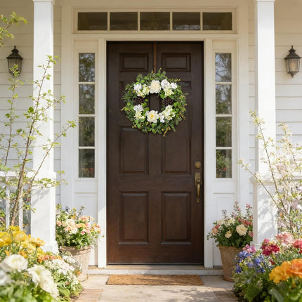 24 Inch Spring Hydrangea Flower Wreath for Front Door, Spring Summer Penoy Lotus Pod Wreath Indoor Outdoor, Rustic Farmhouse Everyday Floral Wreaths.