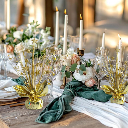 12 Pack Metallic Gold Foil Spray Centerpieces Stars Brust Table Centerpieces for Wedding Birthday Anniversary Holiday Party Decor, Metallic Star Balloon Wights for Party, Table Decor for Party.
