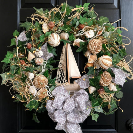 22 Inch Spring Summer Coastal Seashell Wreath for Front Door, All Seasons Seashell Wreath with Greenery and Wood Ship Wheel for Indoor Outdoor Decor.