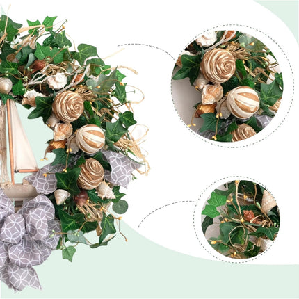 22 Inch Spring Summer Coastal Seashell Wreath for Front Door, All Seasons Seashell Wreath with Greenery and Wood Ship Wheel for Indoor Outdoor Decor.