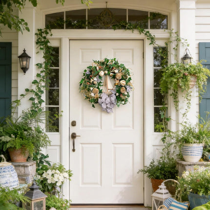 22 Inch Spring Summer Coastal Seashell Wreath for Front Door, All Seasons Seashell Wreath with Greenery and Wood Ship Wheel for Indoor Outdoor Decor.
