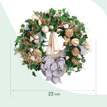 22 Inch Spring Summer Coastal Seashell Wreath for Front Door, All Seasons Seashell Wreath with Greenery and Wood Ship Wheel for Indoor Outdoor Decor.