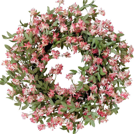 Rose Pink Forsythia Flower Wreath for Front Door, Spring Summer Everyday Artificial Flower Wreath for Indoor Outdoor, Rustic Farmhouse Forsythia Wreath for Anniversary Wedding Valentine.