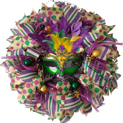 16 Inch Mardi Gras Wreath - Purple, Green, Gold Venetian Mask Wreath for Indoor/Outdoor Party.