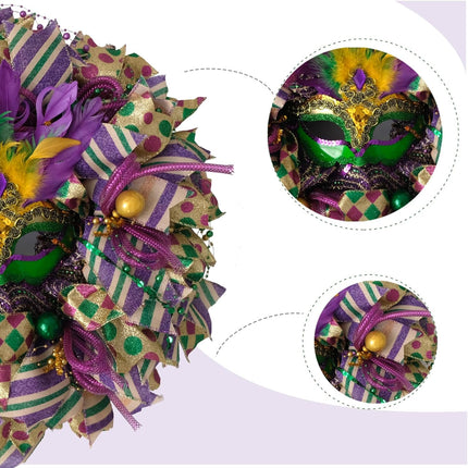 16 Inch Mardi Gras Wreath - Purple, Green, Gold Venetian Mask Wreath for Indoor/Outdoor Party.