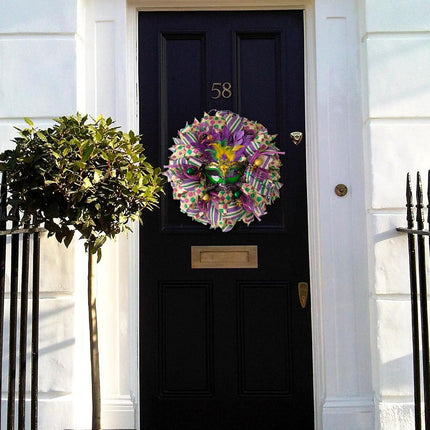 16 Inch Mardi Gras Wreath - Purple, Green, Gold Venetian Mask Wreath for Indoor/Outdoor Party.