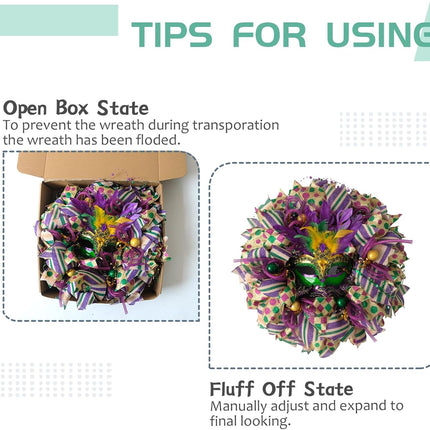 16 Inch Mardi Gras Wreath - Purple, Green, Gold Venetian Mask Wreath for Indoor/Outdoor Party.