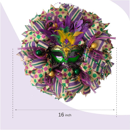 16 Inch Mardi Gras Wreath - Purple, Green, Gold Venetian Mask Wreath for Indoor/Outdoor Party.