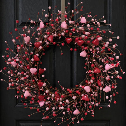 20 Inch Valentine Heart Berries Wreath for Front Door, Pink Valentine’s Day Wreath for Indoor Outdoor, Valentine Heart Wreaths for Wedding Doors Windows Walls.