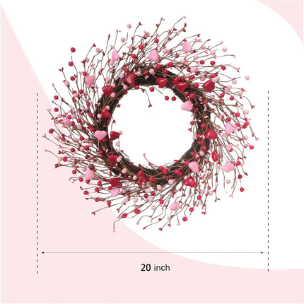 20 Inch Valentine Heart Berries Wreath for Front Door, Pink Valentine’s Day Wreath for Indoor Outdoor, Valentine Heart Wreaths for Wedding Doors Windows Walls.