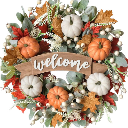24 Inch Fall Pumpkin Maple Leaves for Front Door, Autumn White Orange Pumpkin Greenery Leaves Wreath for Indoor Outdoor, Welcome Sign Pumpkin Wreath.
