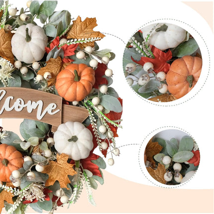 24 Inch Fall Pumpkin Maple Leaves for Front Door, Autumn White Orange Pumpkin Greenery Leaves Wreath for Indoor Outdoor, Welcome Sign Pumpkin Wreath.