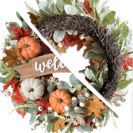 24 Inch Fall Pumpkin Maple Leaves for Front Door, Autumn White Orange Pumpkin Greenery Leaves Wreath for Indoor Outdoor, Welcome Sign Pumpkin Wreath.