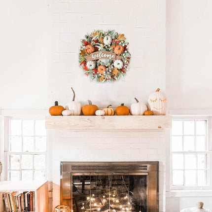 24 Inch Fall Pumpkin Maple Leaves for Front Door, Autumn White Orange Pumpkin Greenery Leaves Wreath for Indoor Outdoor, Welcome Sign Pumpkin Wreath.