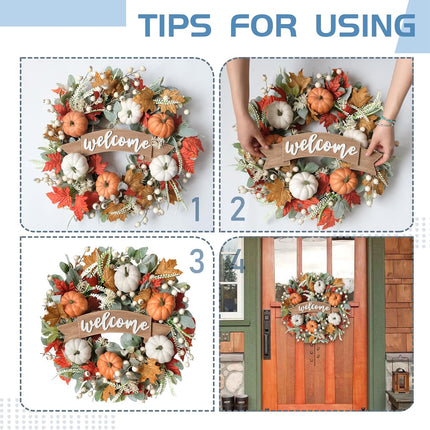 24 Inch Fall Pumpkin Maple Leaves for Front Door, Autumn White Orange Pumpkin Greenery Leaves Wreath for Indoor Outdoor, Welcome Sign Pumpkin Wreath.