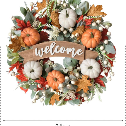 24 Inch Fall Pumpkin Maple Leaves for Front Door, Autumn White Orange Pumpkin Greenery Leaves Wreath for Indoor Outdoor, Welcome Sign Pumpkin Wreath.