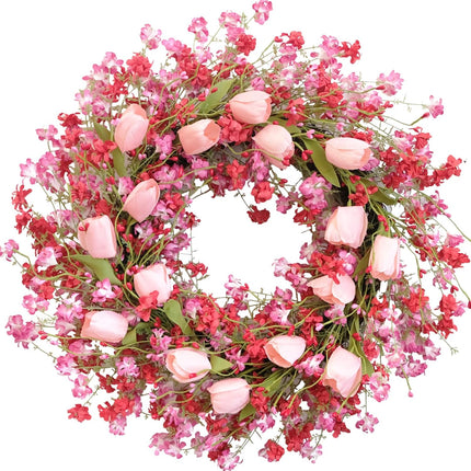 Valentine Day Pink Tulip Wreath, Pink Red Forsythia Berries, Artificial Flower Wreath for Front Door, Indoor Outdoor, Anniversary Wedding Decor.