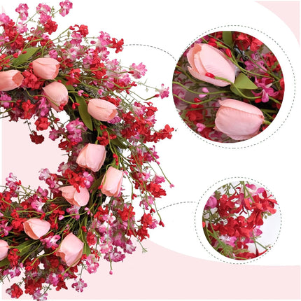 Valentine Day Pink Tulip Wreath, Pink Red Forsythia Berries, Artificial Flower Wreath for Front Door, Indoor Outdoor, Anniversary Wedding Decor.