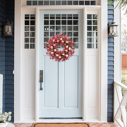 Valentine Day Pink Tulip Wreath, Pink Red Forsythia Berries, Artificial Flower Wreath for Front Door, Indoor Outdoor, Anniversary Wedding Decor.