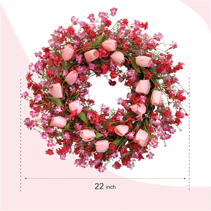 Valentine Day Pink Tulip Wreath, Pink Red Forsythia Berries, Artificial Flower Wreath for Front Door, Indoor Outdoor, Anniversary Wedding Decor.