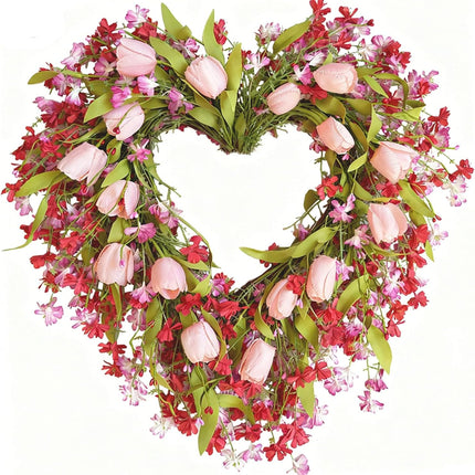 20 Inch Valentine’s Day Heart Shape Tulip Wreath for Front Door, Red Pink Forsythia Valentines Wreath for Indoor Outdoor with White Red Bow, Wedding Wreaths for Doors Windows Wall.