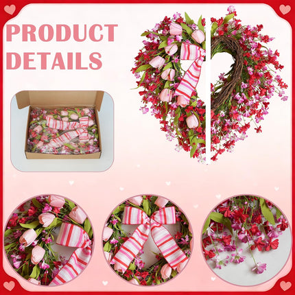20 Inch Valentine’s Day Heart Shape Tulip Wreath for Front Door, Red Pink Forsythia Valentines Wreath for Indoor Outdoor with White Red Bow, Wedding Wreaths for Doors Windows Wall.