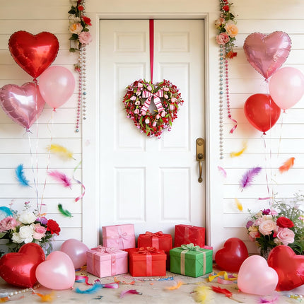 20 Inch Valentine’s Day Heart Shape Tulip Wreath for Front Door, Red Pink Forsythia Valentines Wreath for Indoor Outdoor with White Red Bow, Wedding Wreaths for Doors Windows Wall.