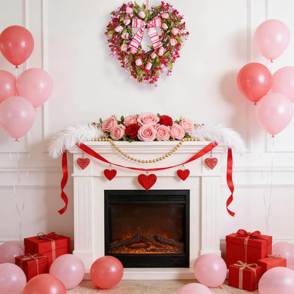 20 Inch Valentine’s Day Heart Shape Tulip Wreath for Front Door, Red Pink Forsythia Valentines Wreath for Indoor Outdoor with White Red Bow, Wedding Wreaths for Doors Windows Wall.