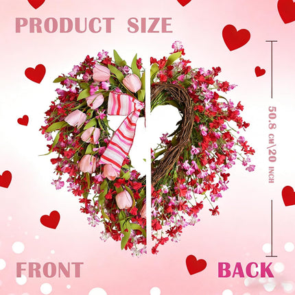 20 Inch Valentine’s Day Heart Shape Tulip Wreath for Front Door, Red Pink Forsythia Valentines Wreath for Indoor Outdoor with White Red Bow, Wedding Wreaths for Doors Windows Wall.