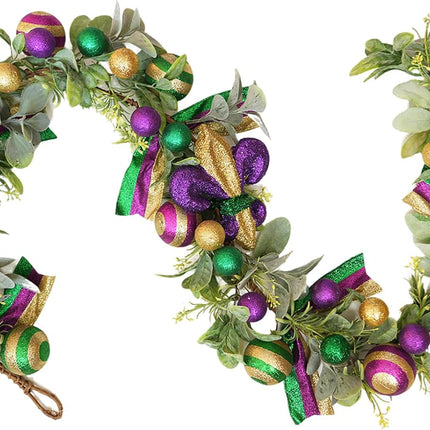 Mardi Gras Bead Garland, 70 Inch Glitter Purple Gold Green Ball Garland with Lamb Ear Leaves for Mantel Door Wall, Carnival Indoor Outdoor Home Decor.