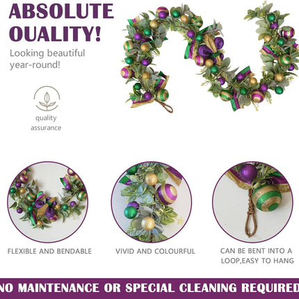 Mardi Gras Bead Garland, 70 Inch Glitter Purple Gold Green Ball Garland with Lamb Ear Leaves for Mantel Door Wall, Carnival Indoor Outdoor Home Decor.