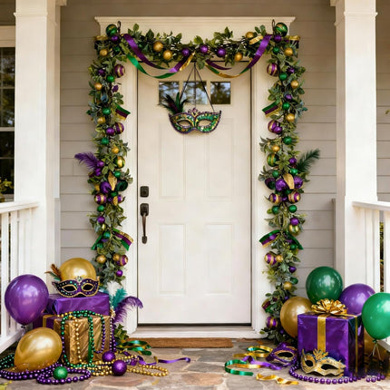 Mardi Gras Bead Garland, 70 Inch Glitter Purple Gold Green Ball Garland with Lamb Ear Leaves for Mantel Door Wall, Carnival Indoor Outdoor Home Decor.
