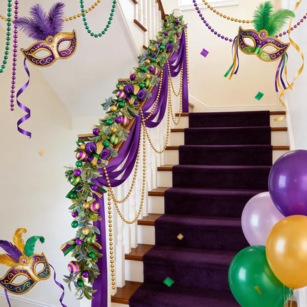 Mardi Gras Bead Garland, 70 Inch Glitter Purple Gold Green Ball Garland with Lamb Ear Leaves for Mantel Door Wall, Carnival Indoor Outdoor Home Decor.