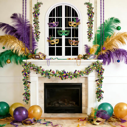 Mardi Gras Bead Garland, 70 Inch Glitter Purple Gold Green Ball Garland with Lamb Ear Leaves for Mantel Door Wall, Carnival Indoor Outdoor Home Decor.