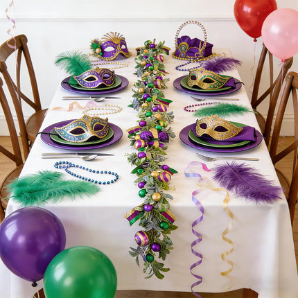 Mardi Gras Bead Garland, 70 Inch Glitter Purple Gold Green Ball Garland with Lamb Ear Leaves for Mantel Door Wall, Carnival Indoor Outdoor Home Decor.