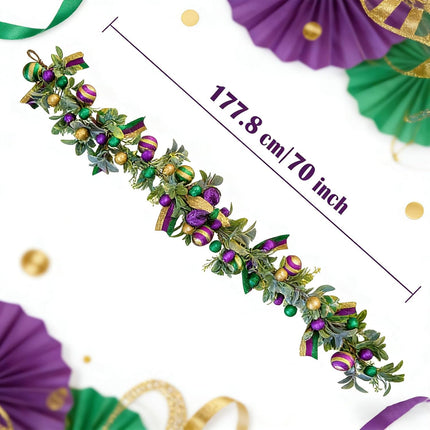 Mardi Gras Bead Garland, 70 Inch Glitter Purple Gold Green Ball Garland with Lamb Ear Leaves for Mantel Door Wall, Carnival Indoor Outdoor Home Decor.